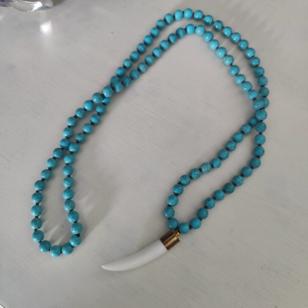 Long Beaded Necklace with Horn Pendant - 35"